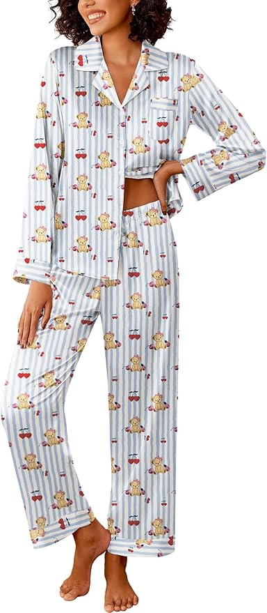 Ekouaer Womens Silk Satin Pajama Sets 2 Piece Sleepwear Pjs Set Long Sleeve Button Down Top and Pants Stripe Loungewear S-XXL