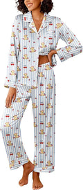 Ekouaer Womens Silk Satin Pajama Sets 2 Piece Sleepwear Pjs Set Long Sleeve Button Down Top and Pants Stripe Loungewear S-XXL