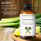 Majestic Pure Essential Oil with Glass Dropper - 100% Pure and Natural - Essential Oils for Diffuser, Aromatherapy, Soap and Candle Making, Lemongrass Essential Oil, Lemongrass Oil, 4 Fl Oz Pack of 2