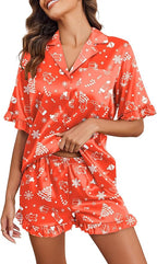 Ekouaer Satin Pajama Set for Women Button Down Silk 2 Piece Pj Sets Ruffle Short Sleeve Sleepwear