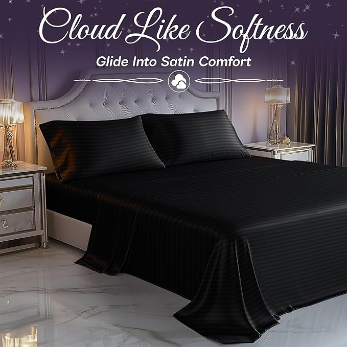 SLEEP SANCTUARY Satin Sheets King Size – 4 Piece Luxury Silky Bed Set, Softer Than Silk, 15" Deep Pocket, Cooling & Wrinkle-Free, Moisture-Wicking & Breathable for Hair & Skin (Striped Black)