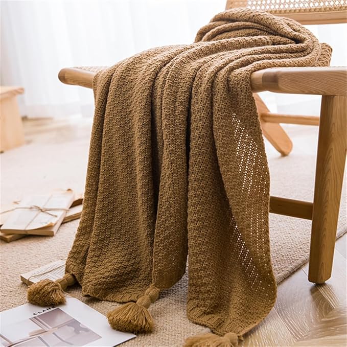 Chunky Cable Knitted Throw Blanket for Couch, Sofa and Bed, 43.3X60IN Lightweight Rustic Decorative Cozy Farmhouse Throw Blankets for Women and Man (Tan)