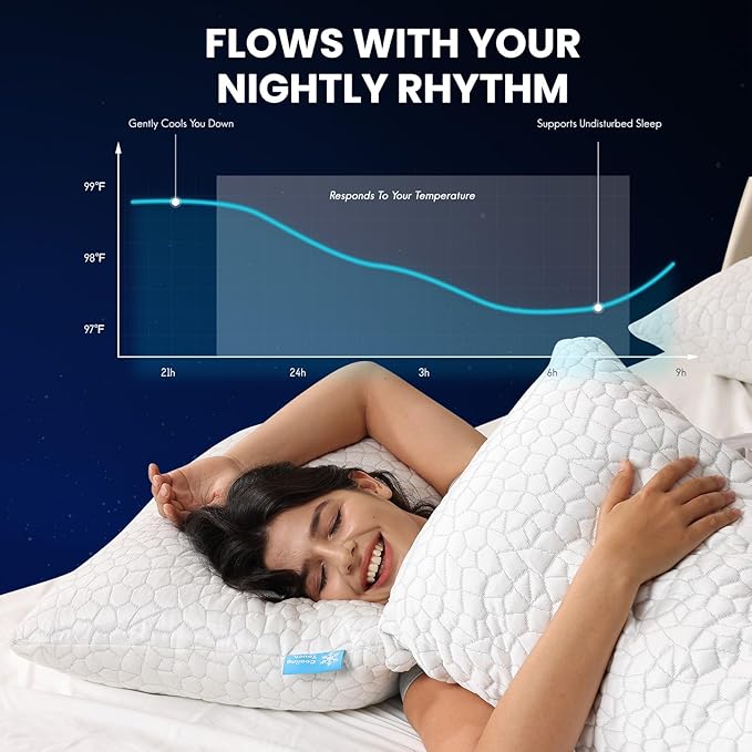 QUTOOL Double Sided Cooling Pillow for Hot Sleepers, Shredded Memory Foam Pillows Queen Size Set of 2, White