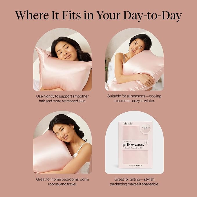 Kitsch Satin Pillowcase with Zipper for Hair & Skin - Softer Than Silk Pillow Cases, Smooth Cooling Satin Pillow Case, Wrinkle-Free, Machine Washable - Pillow Cases Standard Size (19x26) - Blush