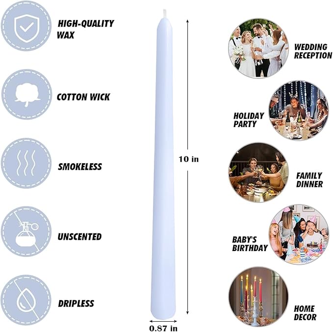 12-Pack Pale Blue Taper Candles, 10 Inch Unscented Dripless Candlesticks, Long-Lasting Burn Time of 6-7 Hours, Perfect for Home Décor Weddings Babyshower and Events