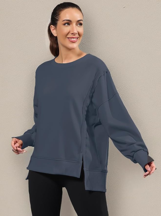 Nirovien Womens Oversized Crewneck Sweatshirt Side Slit Long Sleeve Pullover Slouchy Fit Tops