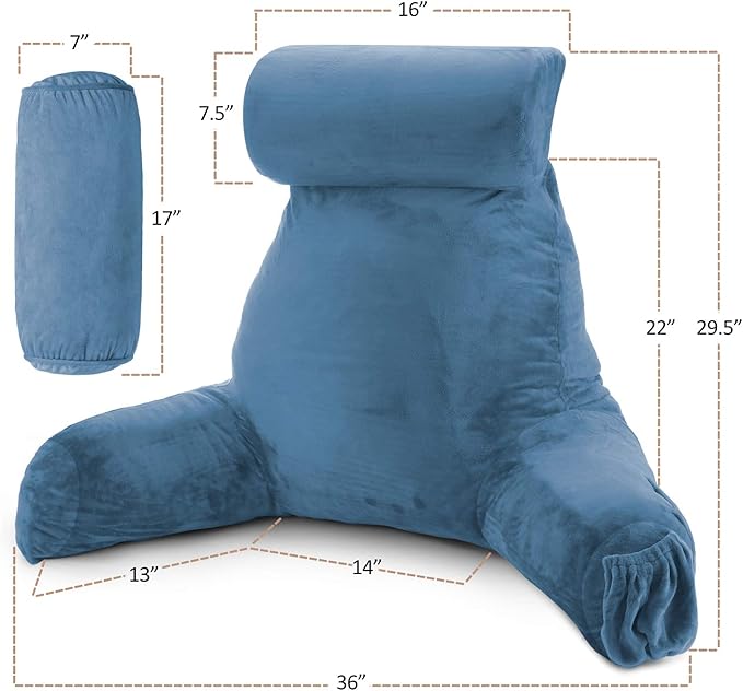 Clara Clark Reading Pillow with Shredded Memory Foam Includes 2 Neck and Lumber Support Pillows Designed for Sitting Up in Bed and Couch Back and Arms Adjustable Support for Adults & Teens Blue Heaven