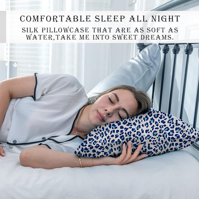Mulberry Silk Pillowcase for Hair and Skin Standard Size Leopard Print Pillow Cases with Zipper Soft Breathable Smooth Cooling Covers for Sleeping (Blue Leopard, 20"X 26",1Pcs)