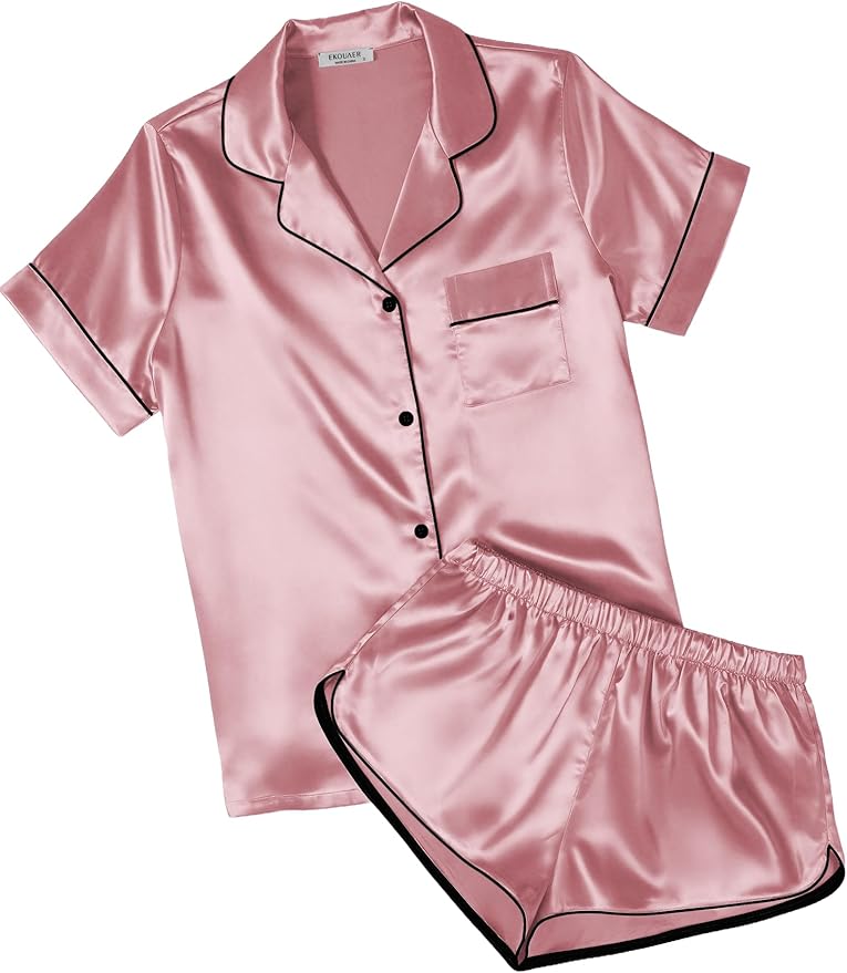 Ekouaer Womens Silk Satin Pajamas Short Sleeve PJS Shorts Set Soft Button Down Sleepwear 2 Piece Loungewear S-5XL