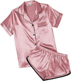 Ekouaer Womens Silk Satin Pajamas Short Sleeve PJS Shorts Set Soft Button Down Sleepwear 2 Piece Loungewear S-5XL