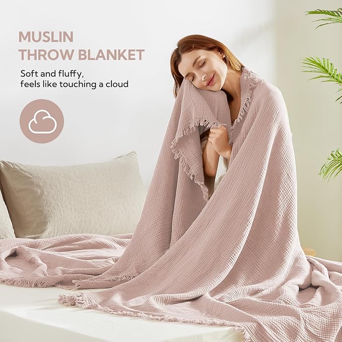SOULFUL Muslin Throw Blanket with Tassels - Soft Twin Cotton Throw Blanket for Couch or Bed, Lightweight and Breathable Gauze for All Seasons, LightChampagne, 60" x 80"