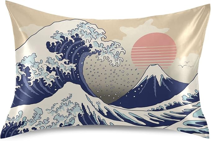 Satin Pillowcase for Hair and Skin, Japanese Wave Ocean Silk Pillowcase Soft and Cozy Body Pillow Covers, Queen Size Satin Pillow Cases with Envelope Closure(20x30 Inch), 1PC