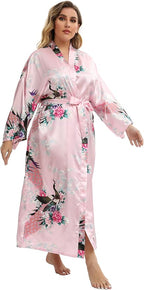 Women's Floral Long Satin Robes Plus Size Long Silk Robes Peacock Floral Kimonos Sleepwear Dressing Gown