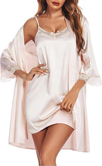 Ekouaer Sleepwear Women's Satin Nightgown with Robes Set 2 Piece Sexy Lace Cami Nightwear