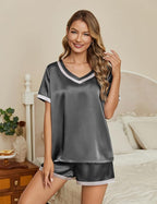 Ekouaer Silk Pajamas for Women Short Sleeve Satin Sleepwear Soft 2 Piece Pjs Shorts Set Loungewear,S-XX