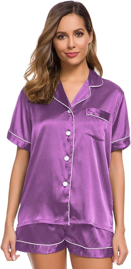 SWOMOG Womens Silk Satin Pajamas Set Short Sleeve Sleepwear Button Down Top and Shorts Loungewear 2 Piece Pjs Set XS-3XL