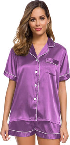 SWOMOG Womens Silk Satin Pajamas Set Short Sleeve Sleepwear Button Down Top and Shorts Loungewear 2 Piece Pjs Set XS-3XL