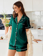 Ekouaer Womens Satin Silk Pajamas Set Short Sleeve Sleepwear Button Down Top and Shorts Loungewear 2 Piece Pjs Set S-XXL