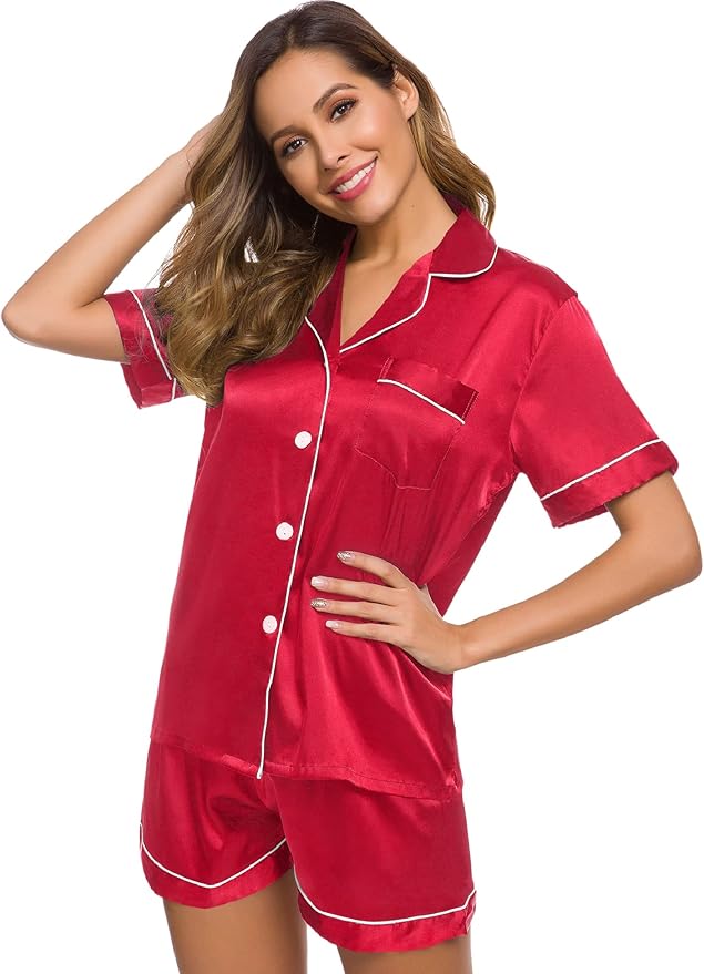 SWOMOG Womens Silk Satin Pajamas Set Short Sleeve Sleepwear Button Down Top and Shorts Loungewear 2 Piece Pjs Set XS-3XL