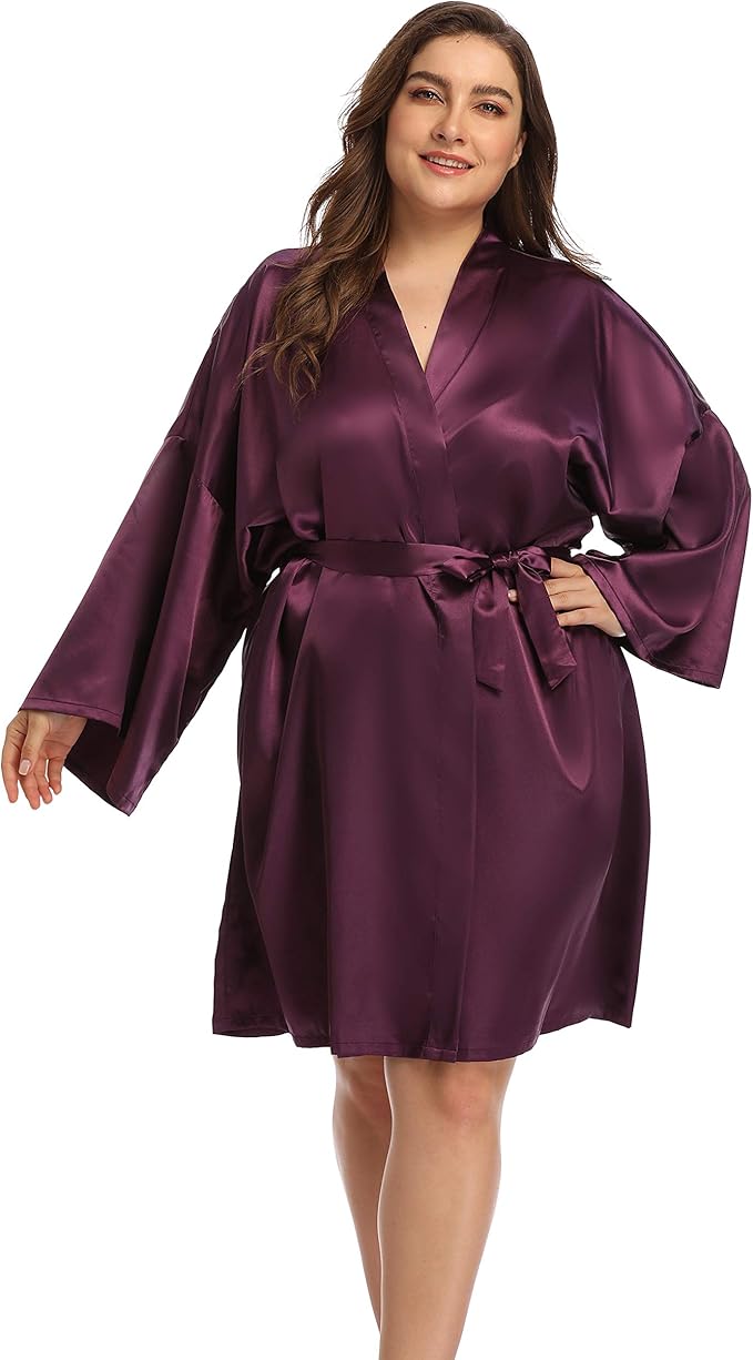 Women's Plus Size Short Satin Kimono Robes Sleepwear Bathrobes Silky Dressing Gown