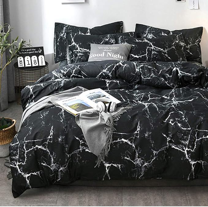 CLOTHKNOW Black Marble California King Comforter Set Black White Bedding Sets Abstract Comforter with 2 x Pillow Cases