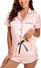 Silk Pajamas for Women Satin Womens PJ Set 2 Piece Short Lounge Set Summer Sleepwear Notch Collar Button-Down Pjs