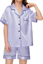 EPLAZA Kids Satin Pajamas Sets Girls Boys Button-Down Silky Pajamas Sleepwear with Hairband Eye Mask Hair Tie