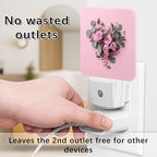 Roses Night Lights Plug Into Wall, Floral Romantic Eucalyptus Heart Shape Spring Peach Compact Plug in Outlet Night Light Led Lamp for Entryway Garage Stairs Decor 2pcs