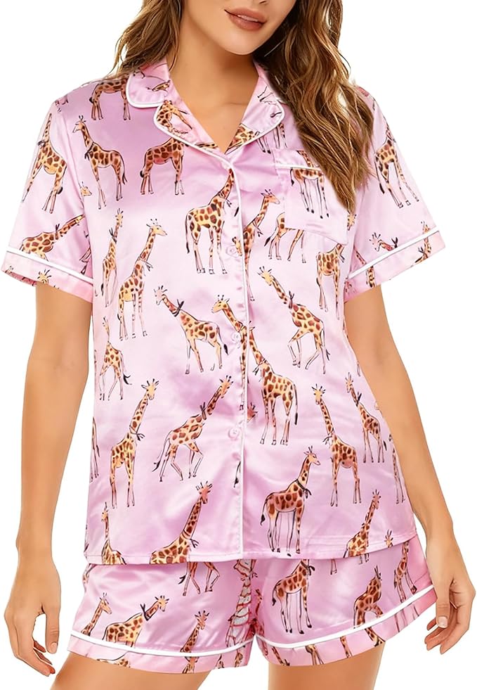 ASTANFY Silk Satin Pajama Set Womens Silk Satin 2 Piece Pjs Shorts Sleepwear Christmas Button Down Shirt Bride Pj Lounge Sets
