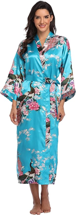 Valennia Women Long Silky Bathrobe Satin Kimono Robe Floral Printed Dressing Gown Sleepwear