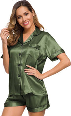 SWOMOG Womens Silk Satin Pajamas Set Short Sleeve Sleepwear Button Down Top and Shorts Loungewear 2 Piece Pjs Set XS-3XL
