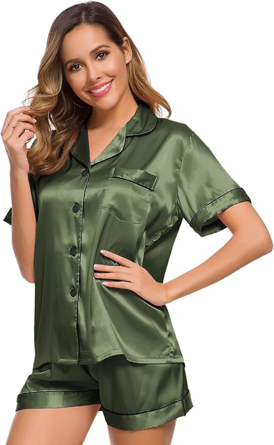 SWOMOG Womens Silk Satin Pajamas Set Short Sleeve Sleepwear Button Down Top and Shorts Loungewear 2 Piece Pjs Set XS-3XL