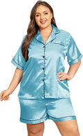 Vozanet Women's Short Sleeve Satin Pajama Sets Silky Ladies Button Down Loungewear Plus Size Nighty Shorts Sets XL to 5XL
