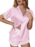 Ekouaer Womens Lace Satin Pajama Set Button Down Pj Shorts Set Bridesmaids Getting Ready Outfits Casual Sleepwear XS-XXL