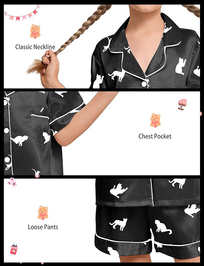 EPLAZA Kids Satin Pajamas Sets Girls Boys Button-Down Silky Pajamas Sleepwear with Hairband Eye Mask Hair Tie