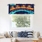 Children Riding Space-Themed Train, Night Sky Curtain Valance Peach Skin Velvet Printed Window Valance with Rod Pocket Light Filtering for Kitchen Bathroom 54x18in