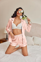 Ekouaer Satin Pajama Set for Women Button Down Pj Set Long Sleeve Top and Shorts 2 Piece Loungewear Summer Soft Sleepwear