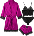 Women's Pajama Satin Sexy Lingerie Robe Set 4Pcs Pjs Silk Sleepwear Lace Cami Shorts Loungewear