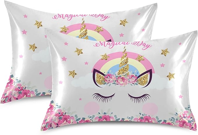 Cute Unicorn Girl Print Satin Pillowcase for Hair and Skin, Unicorn and Pink Flowers Silk Pillow Case with Envelope Closure, Standard Size 20x26 inches, White, 1 PC