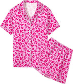 Umeyda Women & Girls Pajamas Set, Soft Satin Lightweight Silk Button-Down Top with Shorts 2 Piece PJS for Mom Boys Kids Gifts