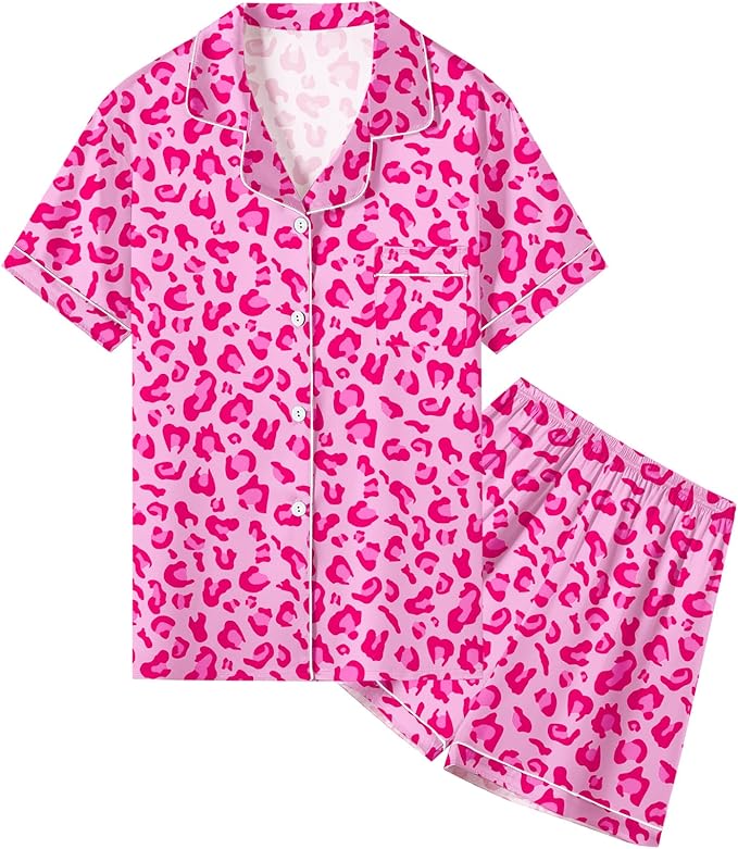 Umeyda Women & Girls Pajamas Set, Soft Satin Lightweight Silk Button-Down Top with Shorts 2 Piece PJS for Mom Boys Kids Gifts