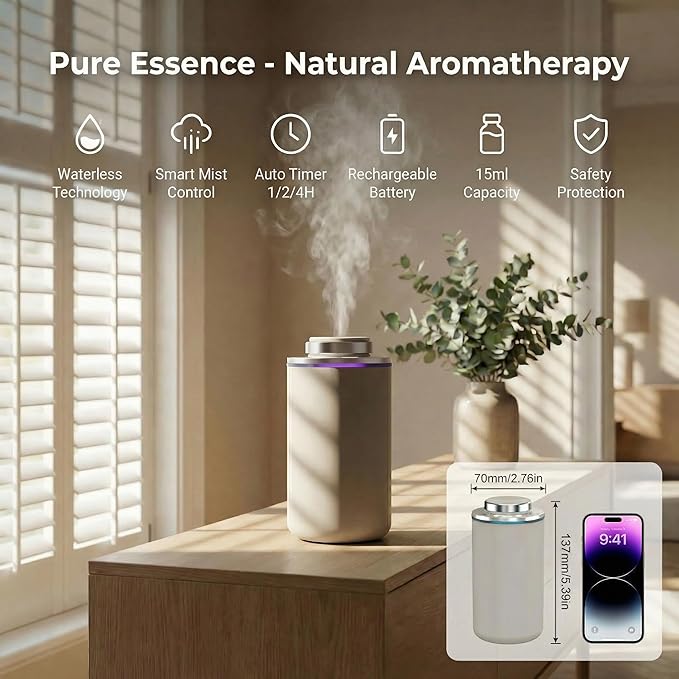 Waterless Essential Oil Diffuser, Scent Air Machine for Car/Home, Up to 500 sq.ft, Waterless Portable Aromatherapy Diffuser with 15mL Capacity, Car & Home Dual Mode