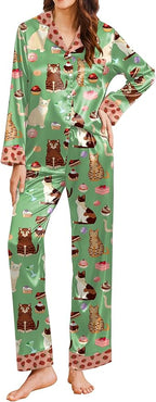 Ekouaer Silk Pajamas for Women Long Sleeve Satin Pajama Set Silky Pj Sets 2 Piece Button Down Loungewear Sleepwear
