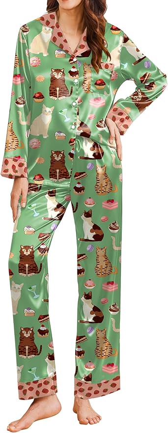 Ekouaer Silk Pajamas for Women Long Sleeve Satin Pajama Set Silky Pj Sets 2 Piece Button Down Loungewear Sleepwear