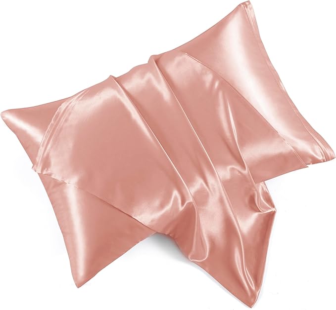 Rose Gold Satin Pillowcases with Zipper （20x30）,Queen Size Pillowcases Set of 2, Rose Gold Silk Pillowcase for Hair and Skin