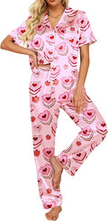 Ekouaer Silk Satin Pajamas Set Women Short Sleeve Sleepwear Soft Button Down Loungewear Pjs Set