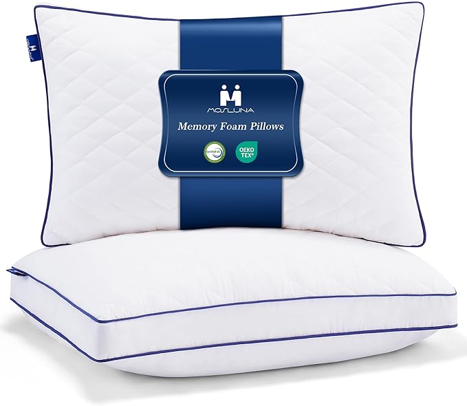 Shredded Memory Foam Pillows Standard Size Set of 2, Soft Bed Pillow for Side and Back Sleepers, Medium Firm Pillows 2 Pack with Gusset(20"x26")