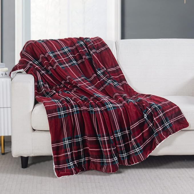Elegant Comfort Throw Blanket, Reversible Sherpa Flannel, Ultra-Soft, Fuzzy, Cozy and Plush- All Season Lightweight Decorative Throw, 50 x 60 inches, Plaid Design Sherpa Throw, Burgundy