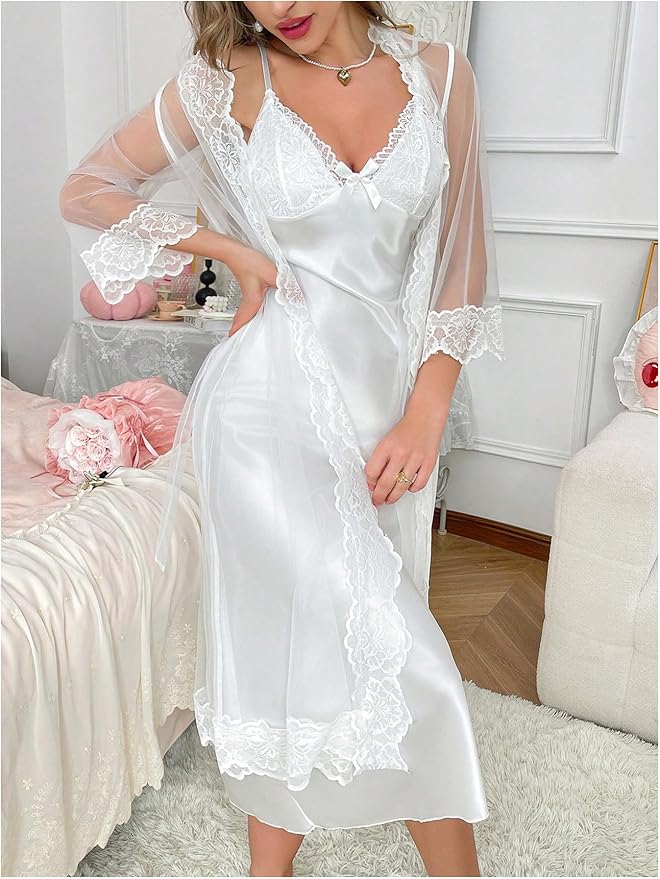 OYOANGLE Women's Mesh Robe Set 2 Pieces Pajamas Sets Sexy Soft Robe with Silk Satin V Neck Cami Dress Nightgown