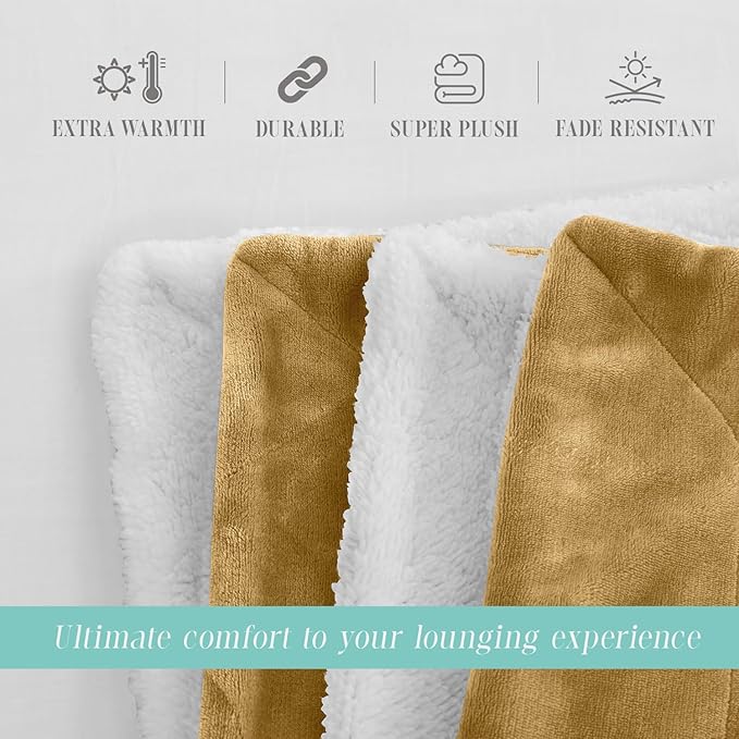 Elegant Comfort Throw Blanket, Reversible Sherpa Flannel, Ultra-Soft, Fuzzy, Cozy and Plush- All Season Lightweight Decorative Throw, 50 x 60 inches, Solid Sherpa Throw, Gold